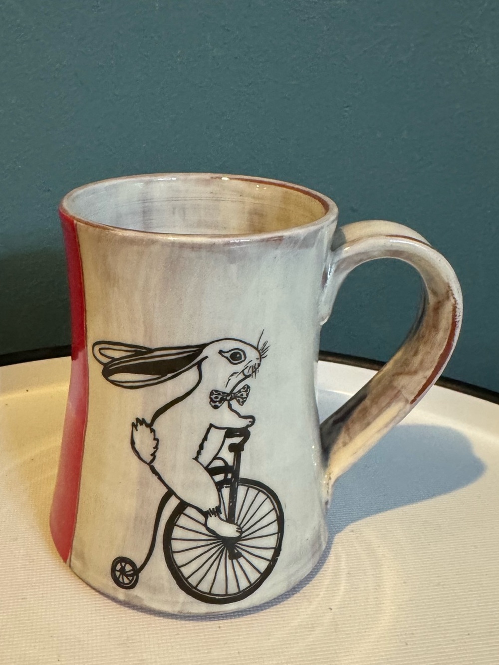 Darn Pottery Handmade Ceramic Mug Rabbit on Bicycle Bow Tie Whimsical Rare
